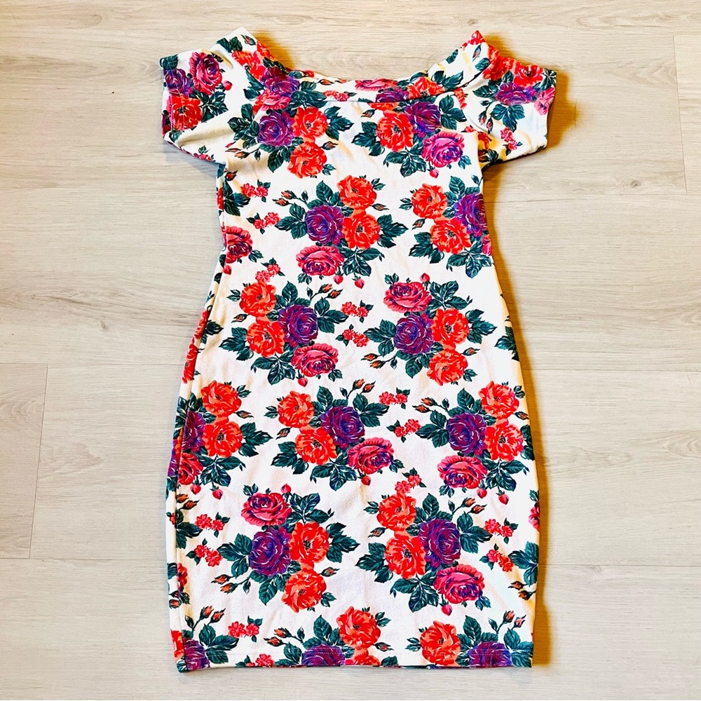 90s Vintage Spoiled Girls Floral Off-Shoulder Bodycon Mini Dress Size M